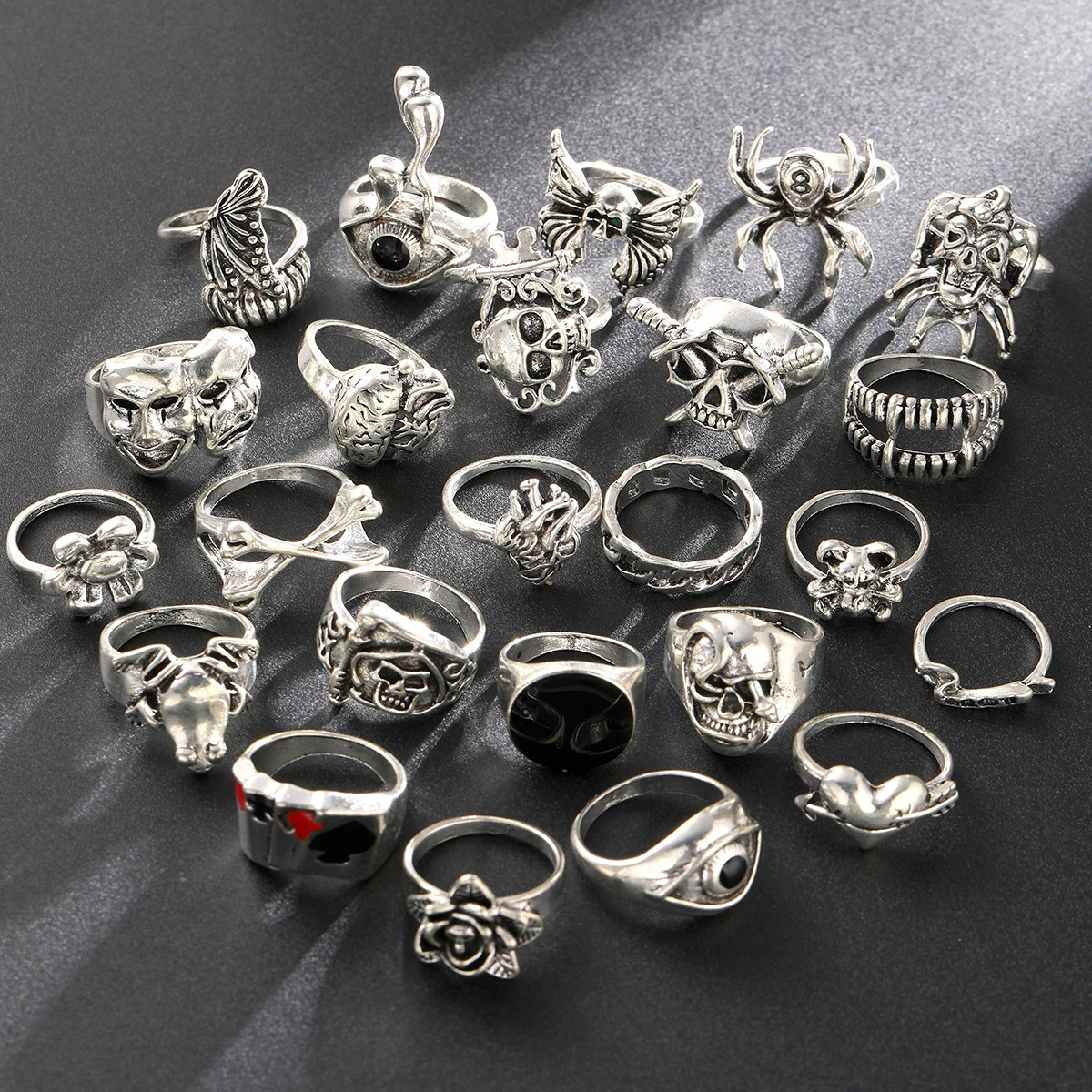 24pcs Gothic Skeleton Ring Set Punk Grunge Unisex Street Jewelry Gift – NEW