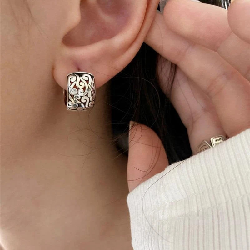 Fashion Women’s Earrings Sterling Silver Retro Filigree Oriental Huggie