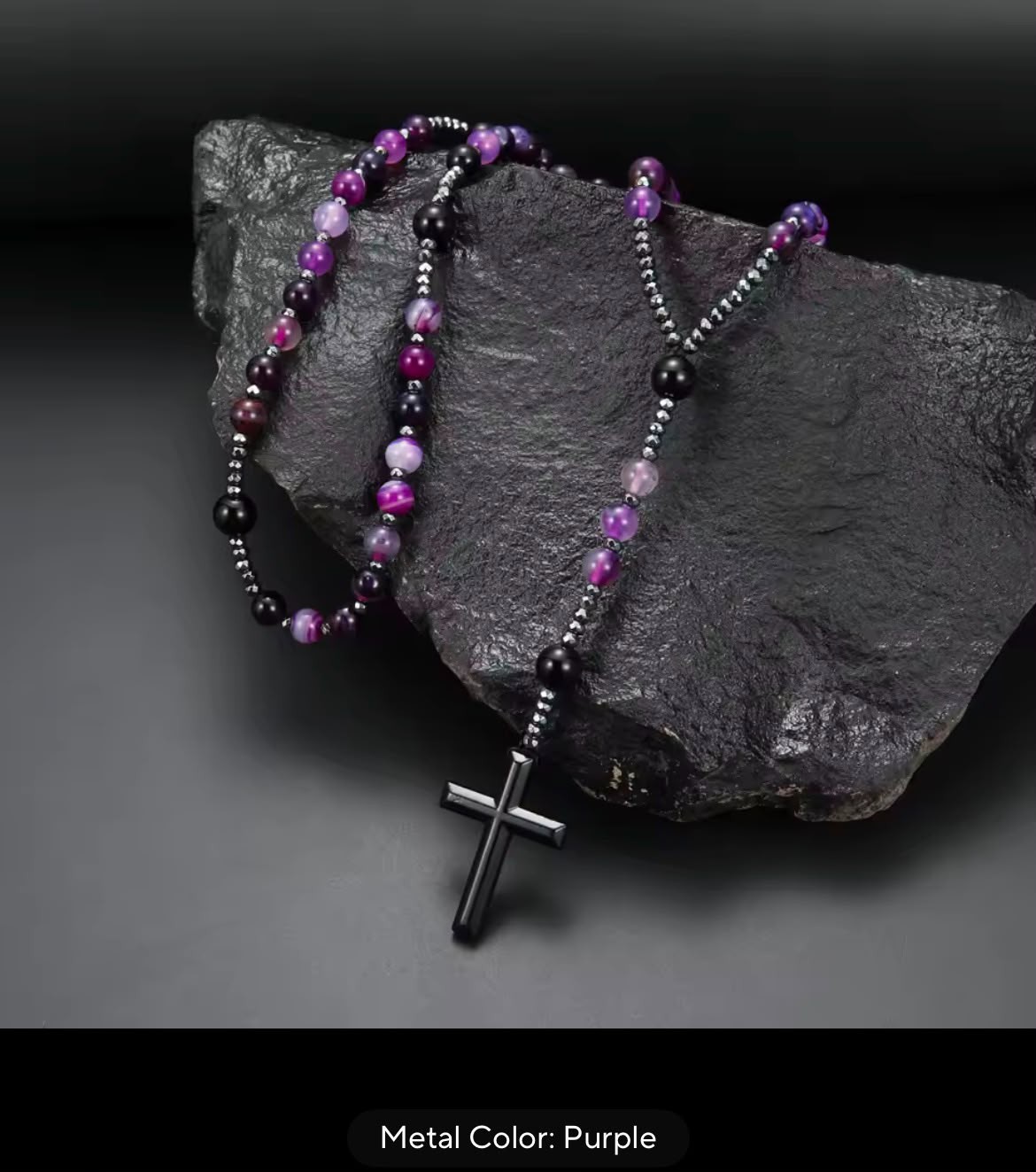 Purple Green Beaded Cross Pendant Rosary Necklace Spiritual Gift Man And Woman