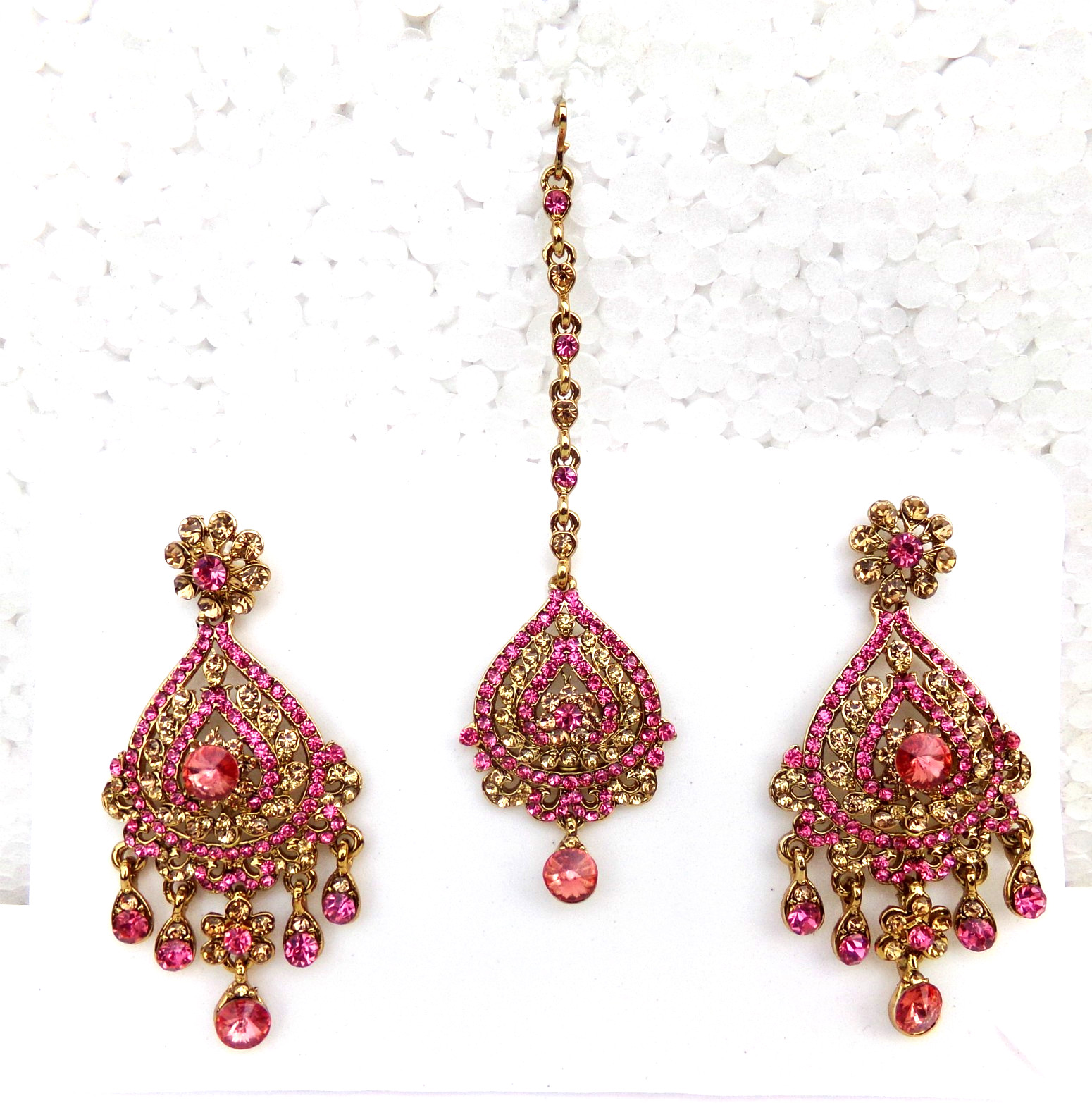 Bollywood Wedding Jewelry Ethnic Gold Tone Indian Kundan Long Earrings Tikka Set