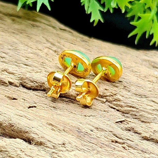 Natural Chrysoprase Studs Pair, 6x8mm Oval Gemstone Earrings Gold Plated Jewelry