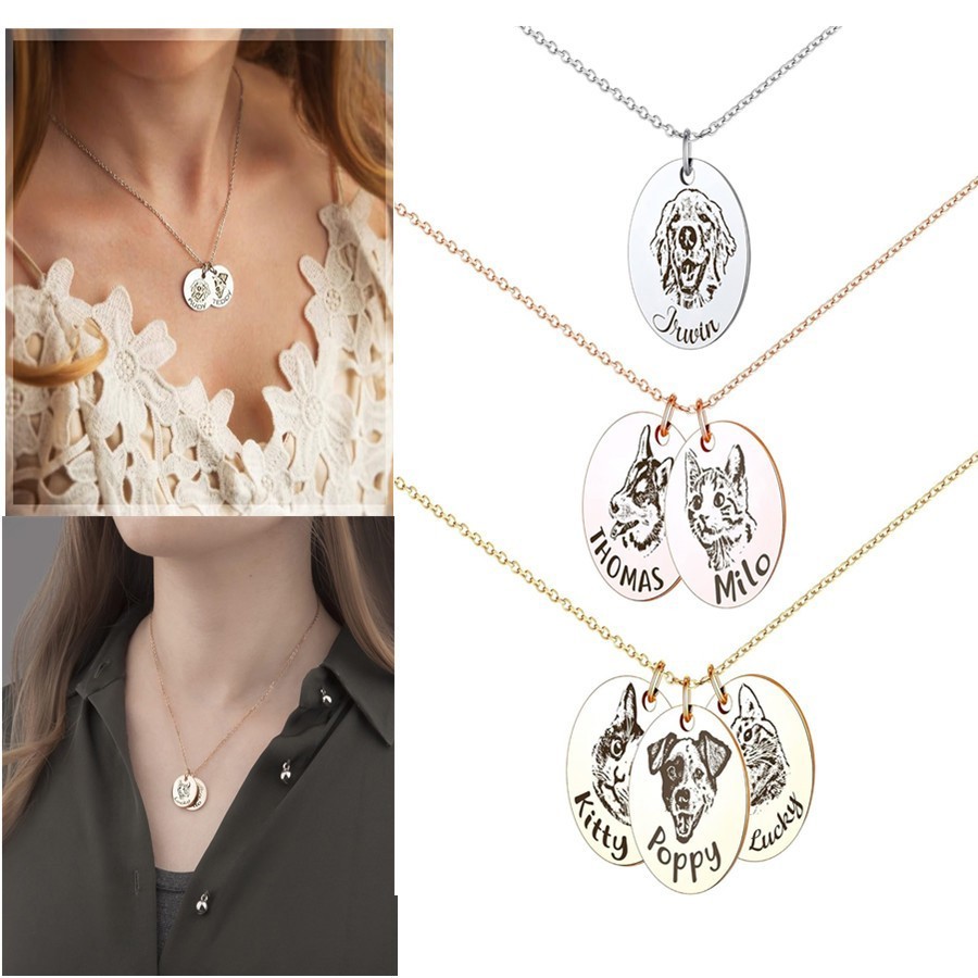 Personalized Pet Portrait Necklace Custom Family Portrait Engraving Photo Gift