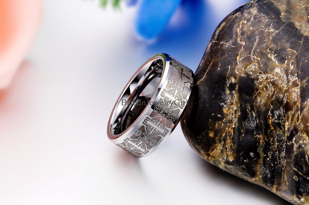 8mmTungsten Carbide Ring Comfort Fit Laser Etched Cross Men Jewelry Wedding Band