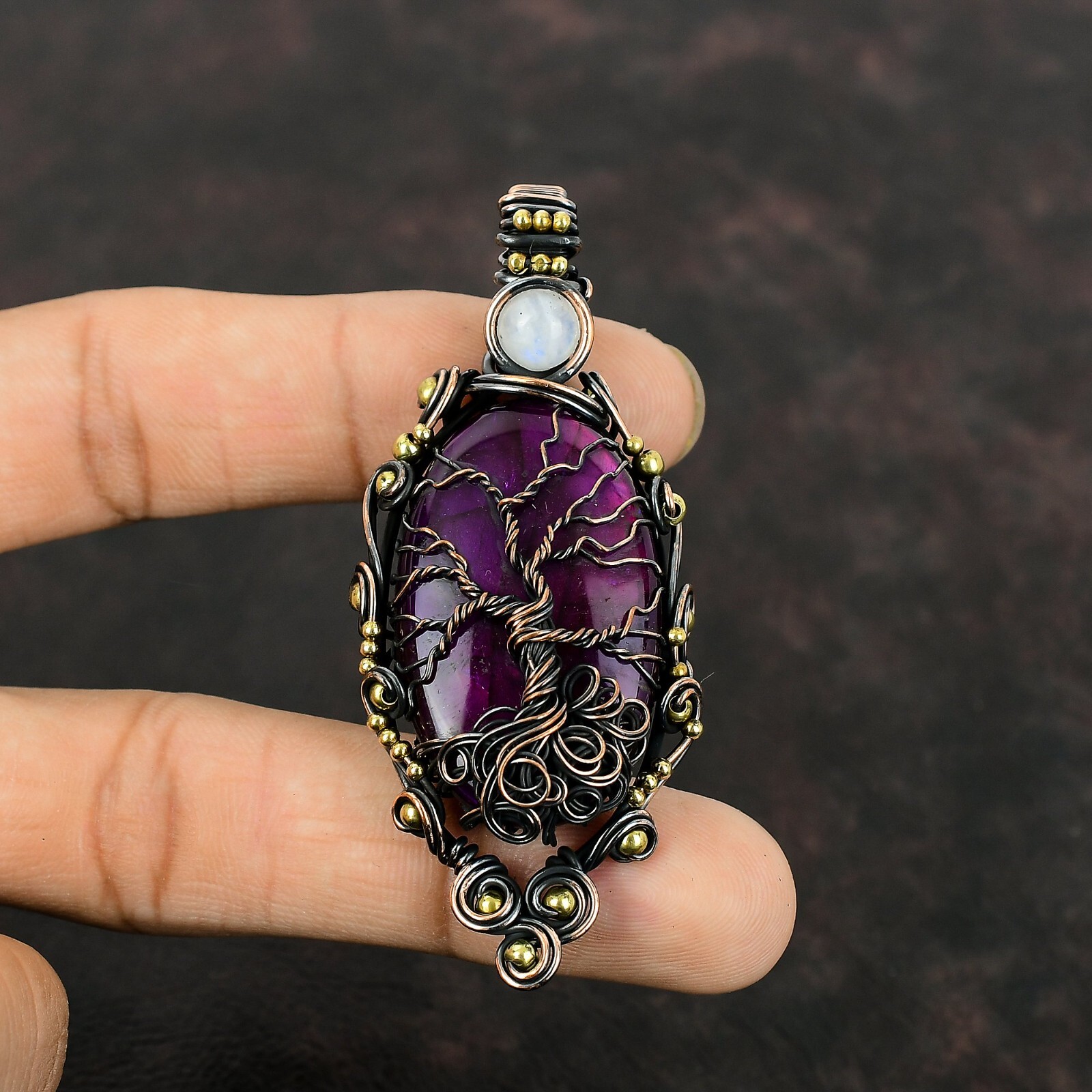 Purple Fire Labradorite Wire Wrapped Tree Of Life Pendant Copper For Women 2.8″