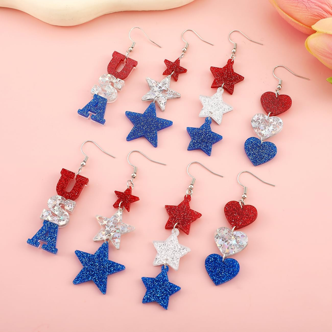 4 Pairs 4Th of July Earrings for Women Heart Star USA Acrylic Dangle Earrings Se