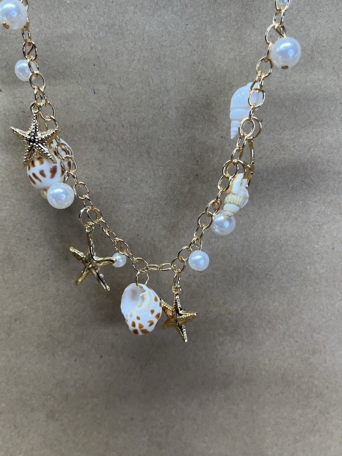 Ocean Sea Shell Faux Pearl Starfish Beach Statement Necklace Gold Tone Long