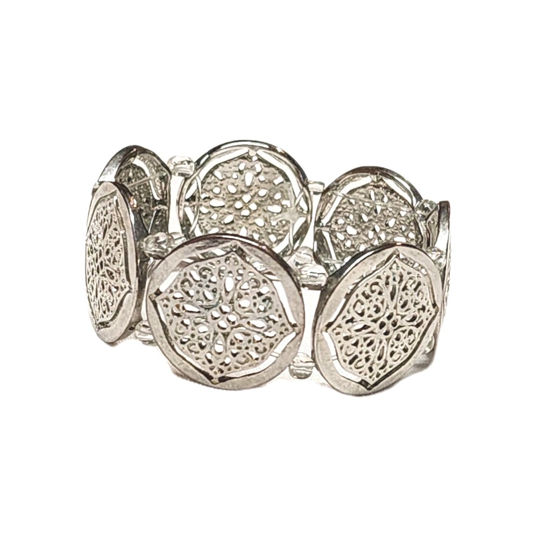 Silver Tone Filigree Round Coin Medallion Stretch Cuff Bangle Bracelet 7″ Boho