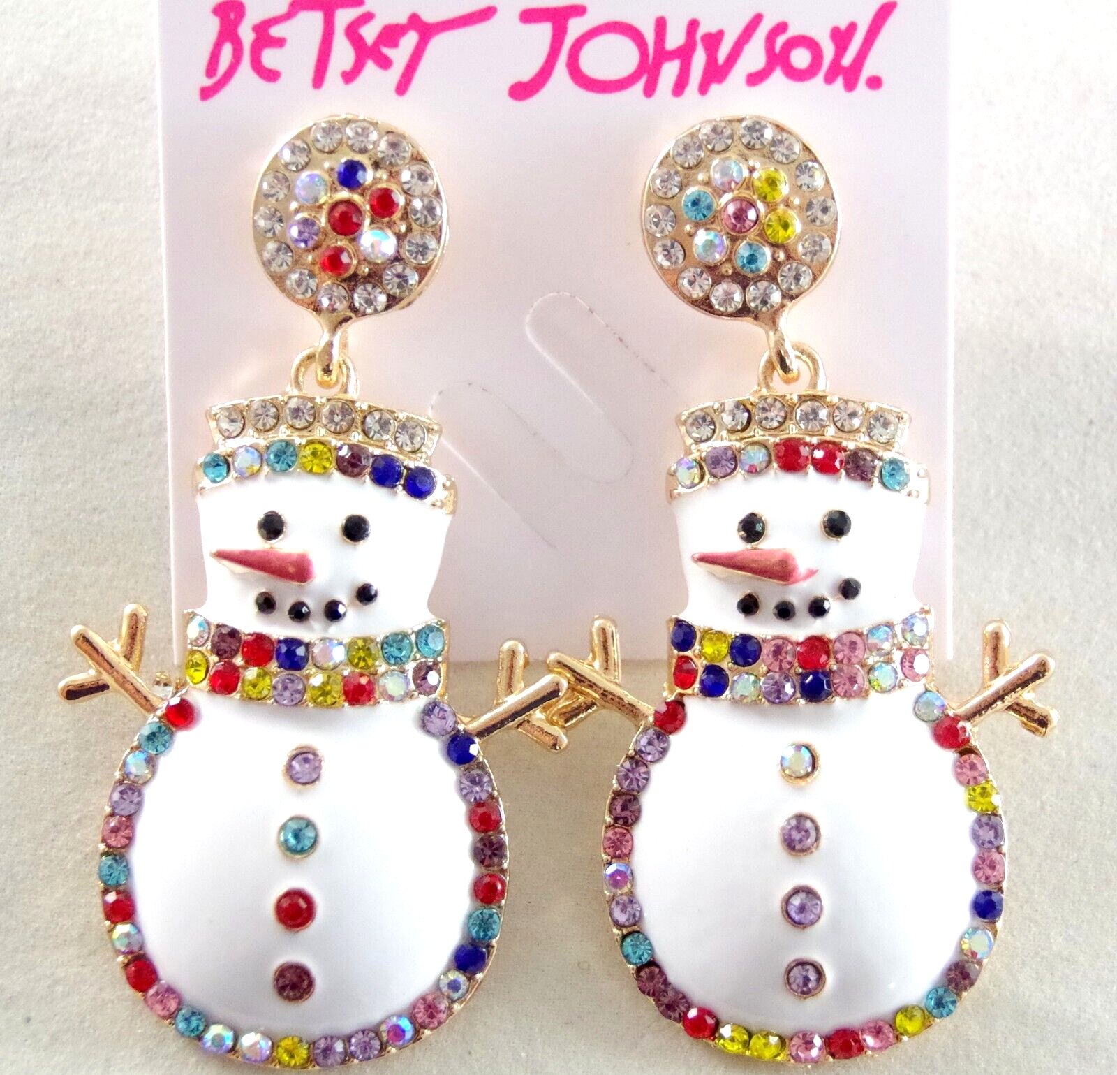 2 3/8″ NEW BETSEY JOHNSON RHINESTONE SNOWMAN CHRISTMAS DROP DANGLE EARRINGS