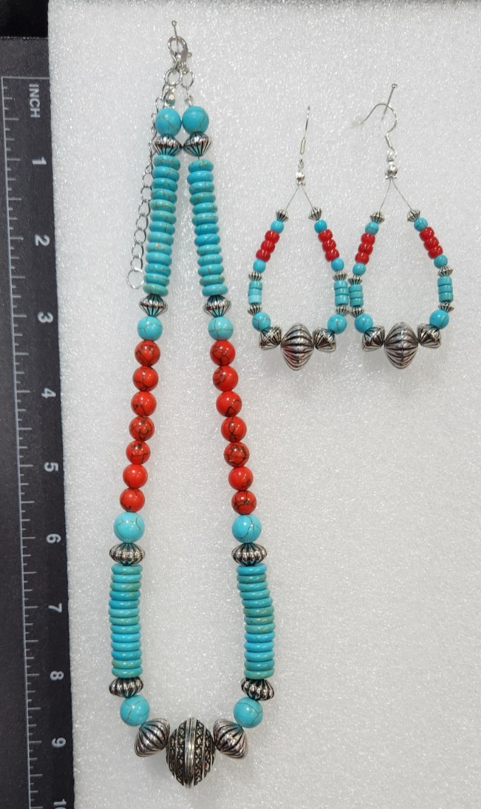 Turquoise Blue and Red Stone Bead and Disc Bead Necklace and Earring Set