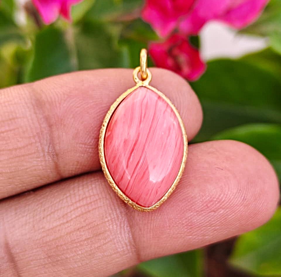 Handmade Rhodochrosite Gemstone Pendant, Gold Plated 925 Sterling Silver Charm