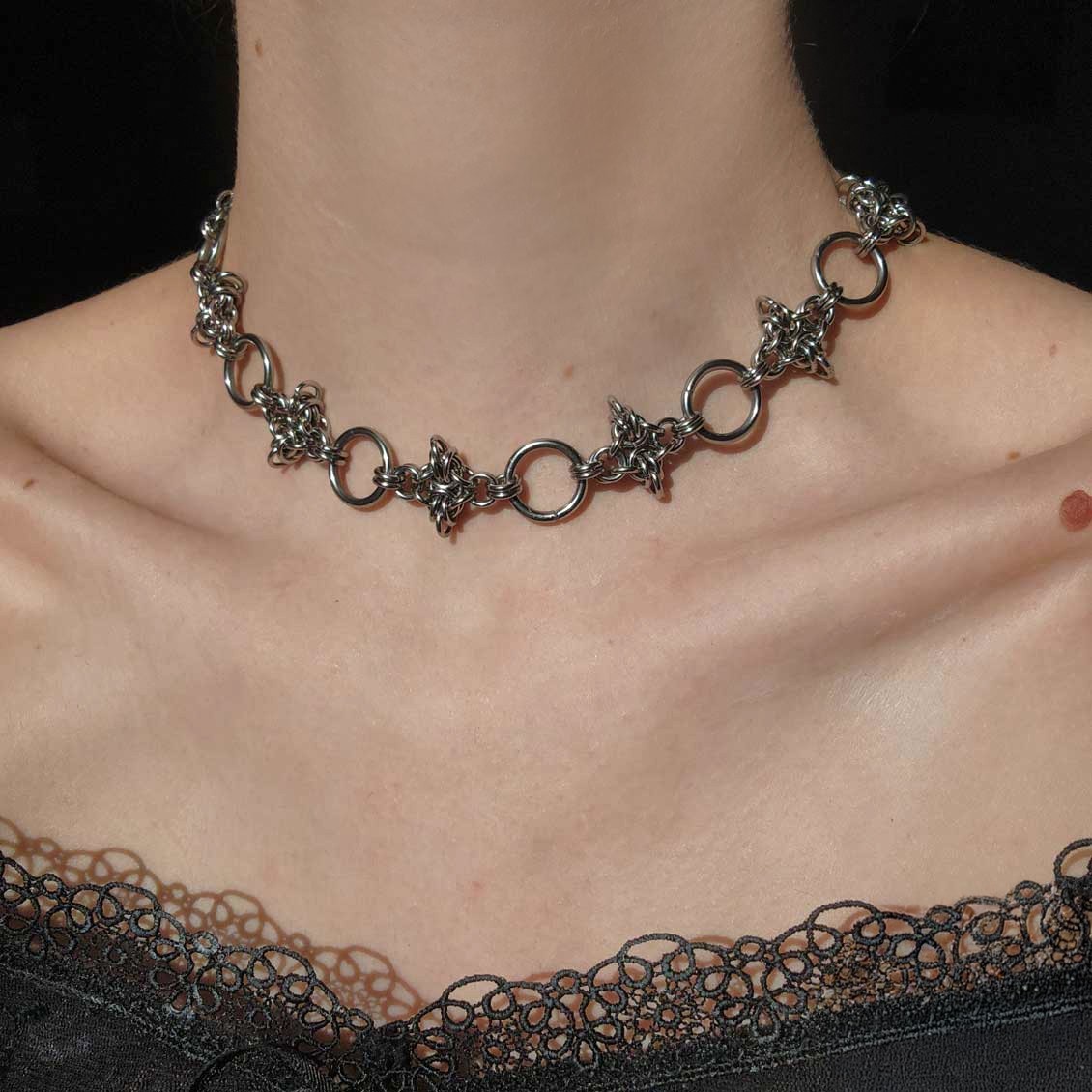 Goth chunky silver choker necklace with spikes