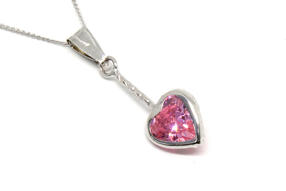 9ct White Gold Pink CZ Pendant Heart Necklace and chain Gift Boxed Made in UK