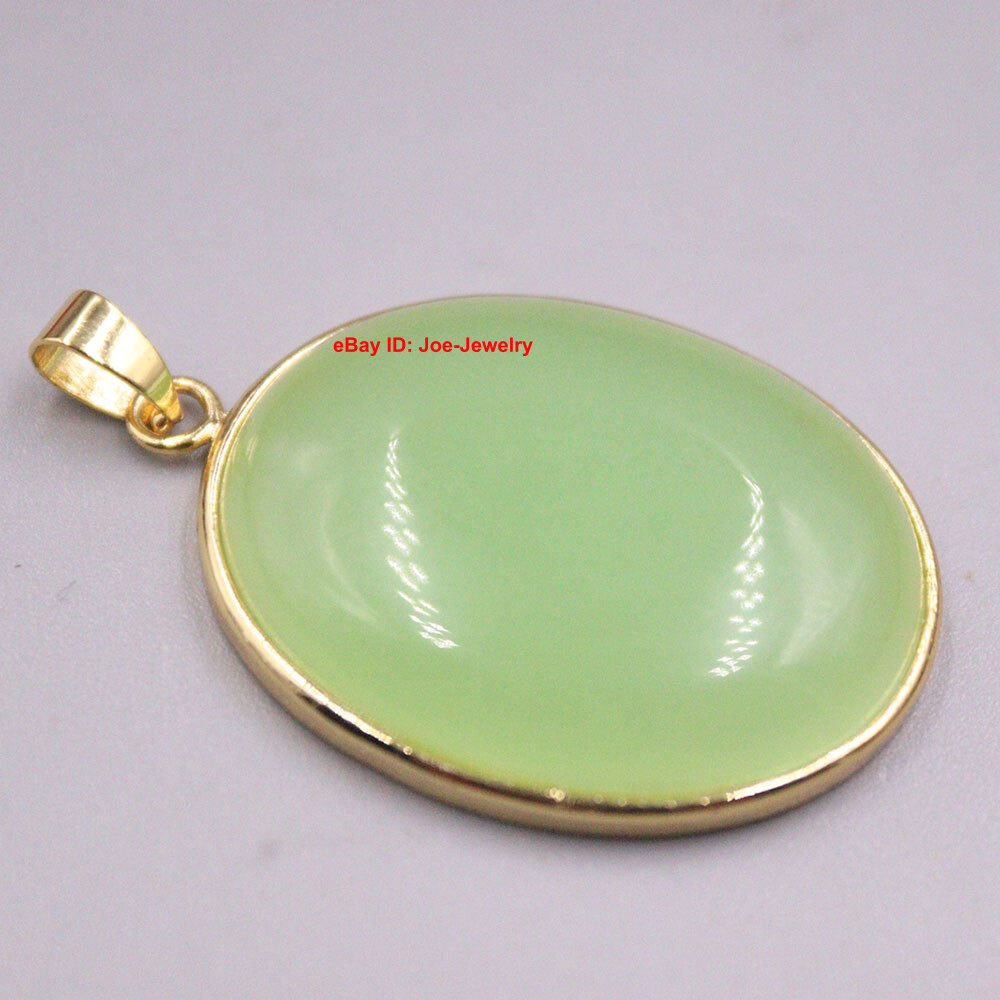 Yellow Gold Plated Alloy with Heated Oval Light-Green Jade Pendant 1.50inch L