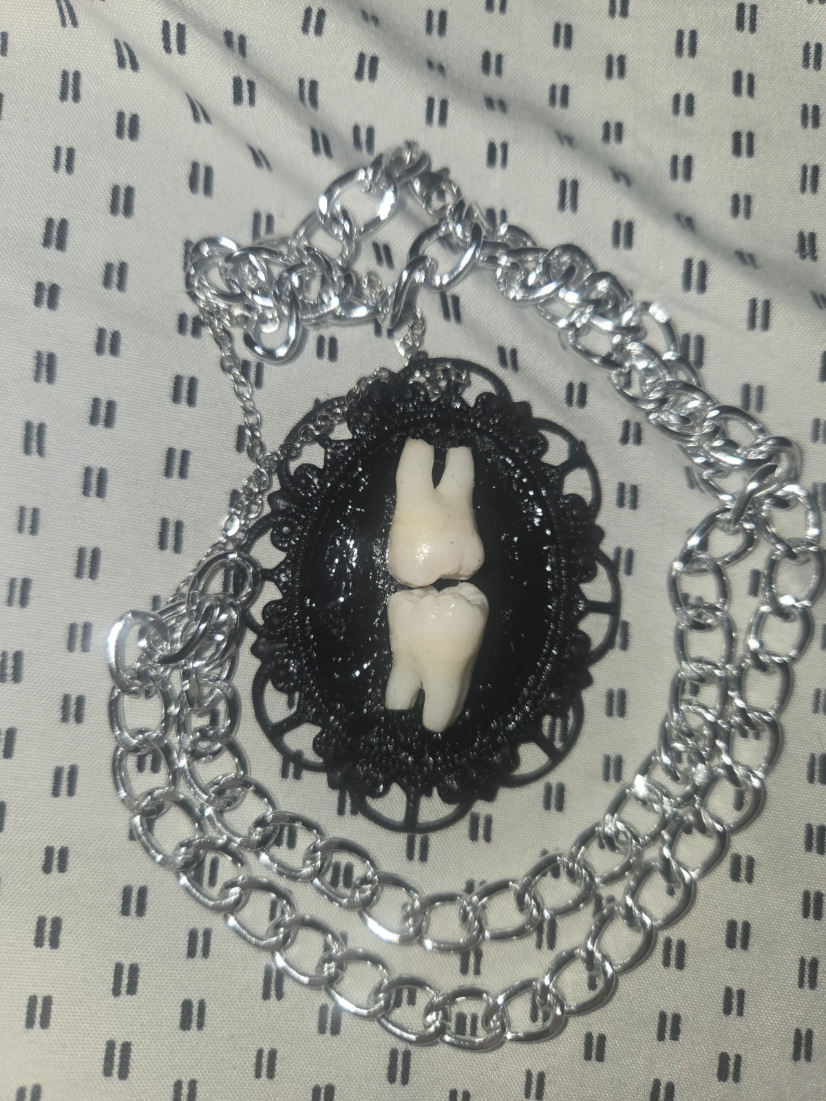 Real Human Teeth Silver Chain Necklace Gothic Black Charm Pendant White Tooth