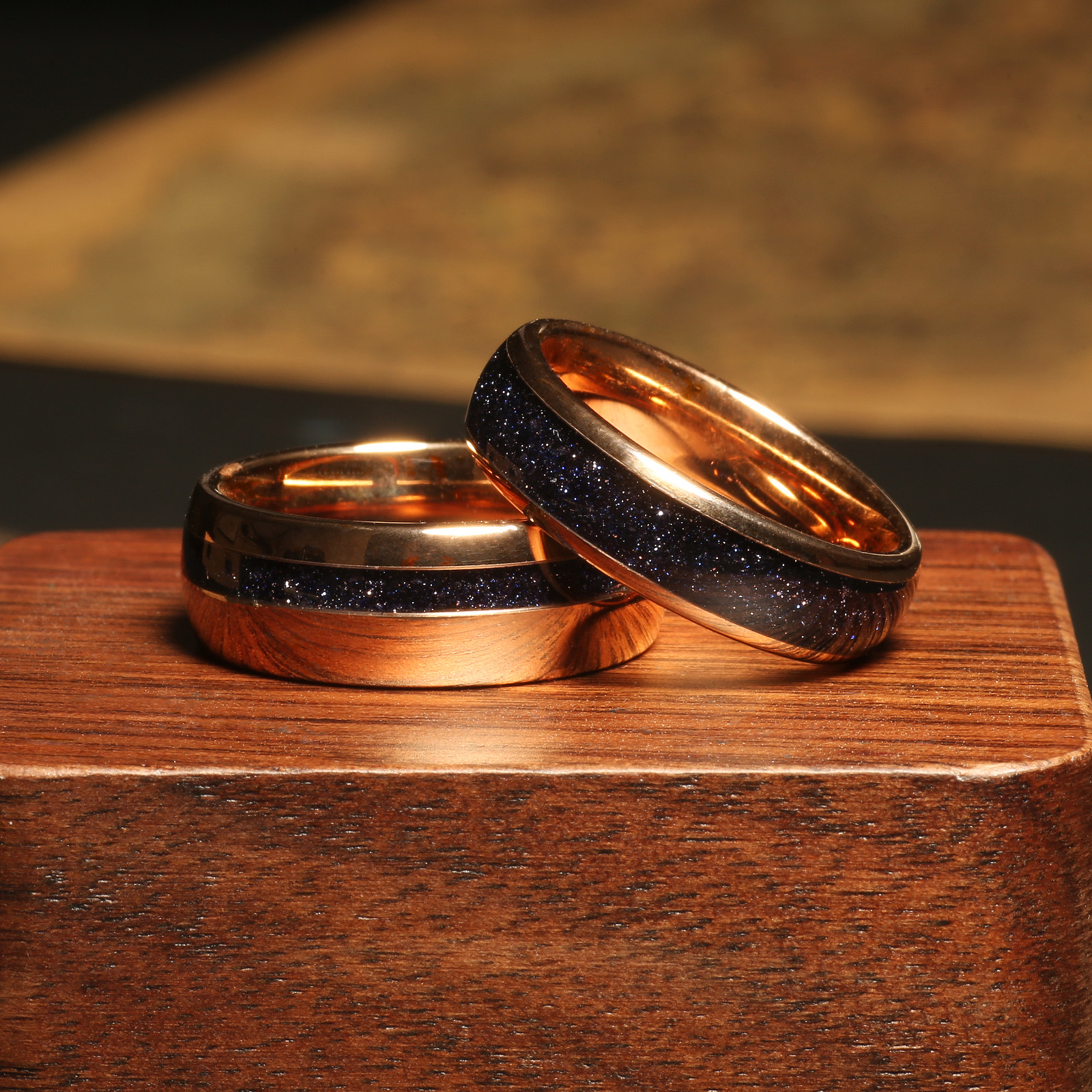 Galaxy Rose Gold Couples Ring Set, Sandstone Nebula Wedding Bands, Comfort Fit