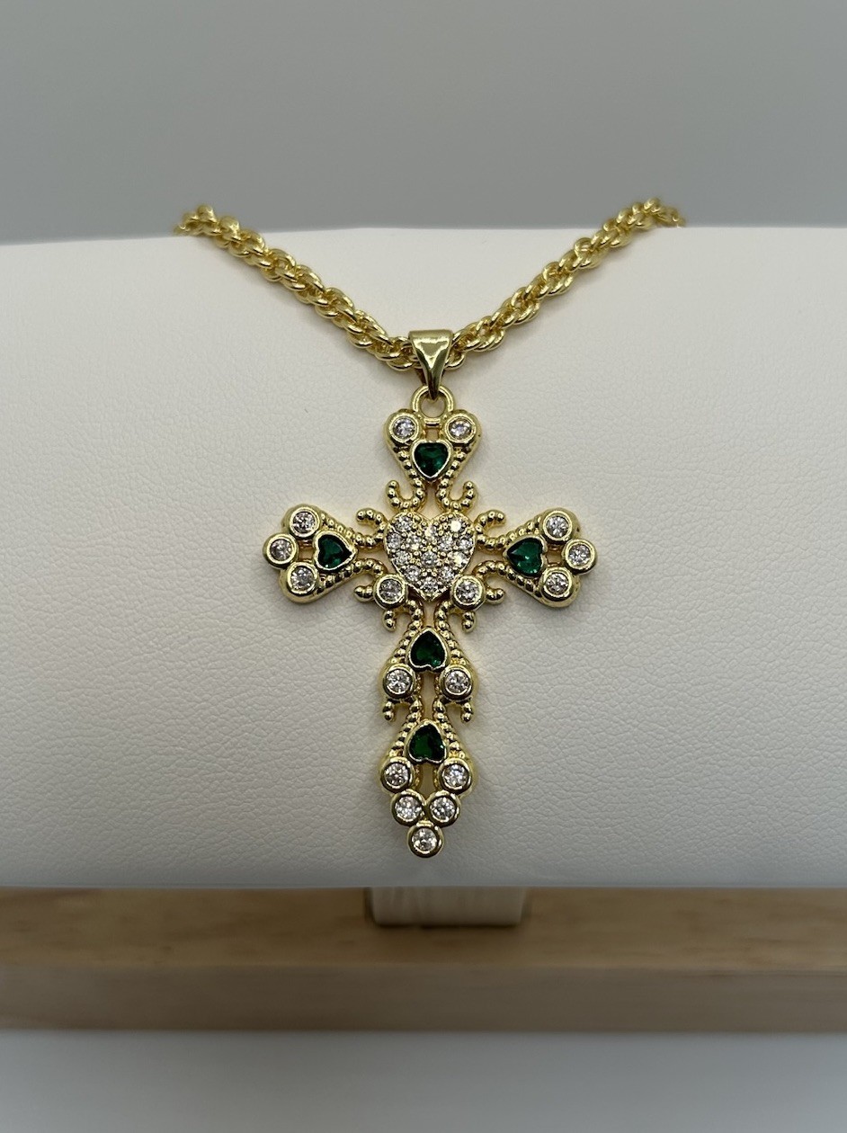 9ct GF Green & Silver CZ Stones 55cm (22”) Elegant Rope Crucifix Cross Necklace