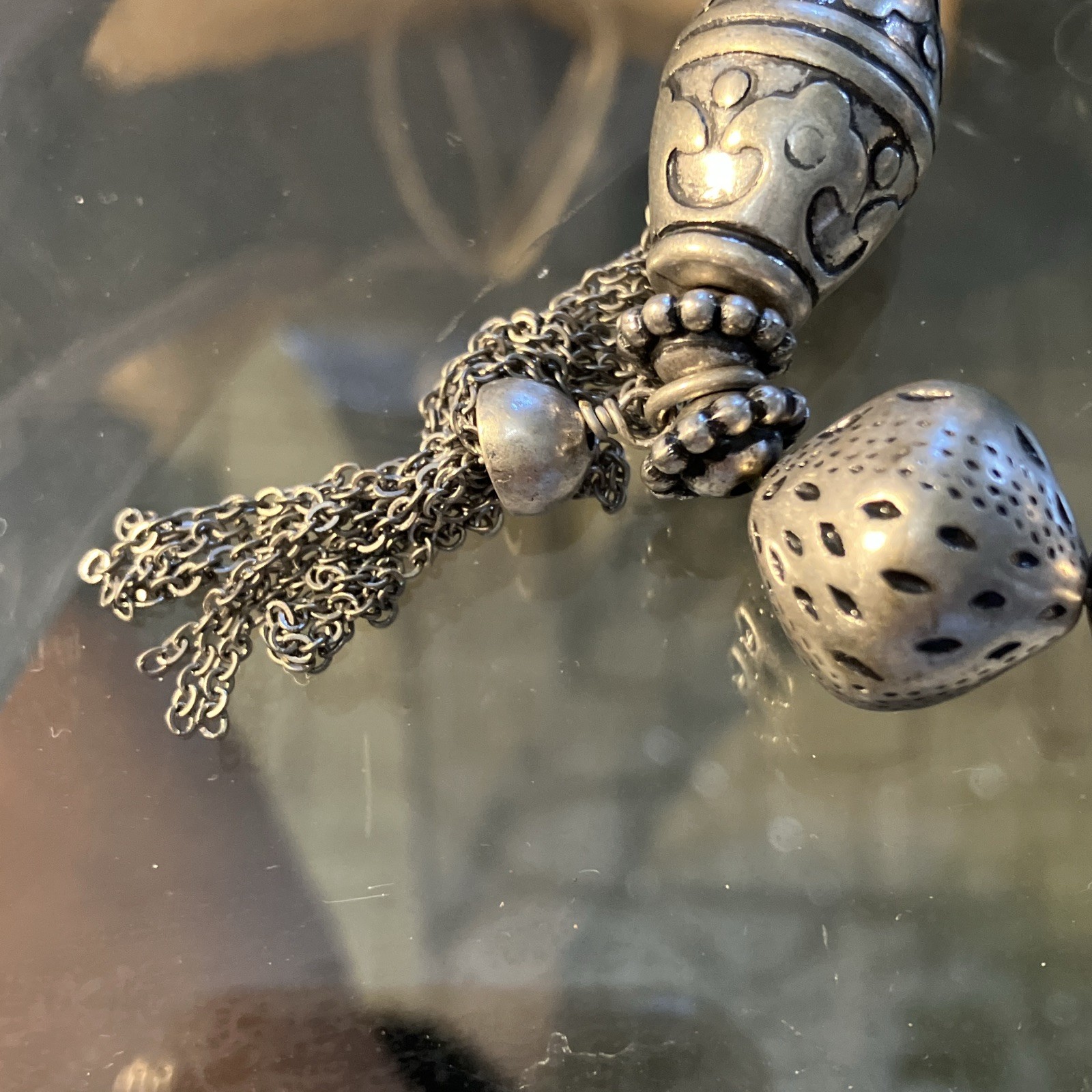 Silver Tone Beaded Charm Bracelet w/ Dangle Tassel – Metal, No Stone, 8 in