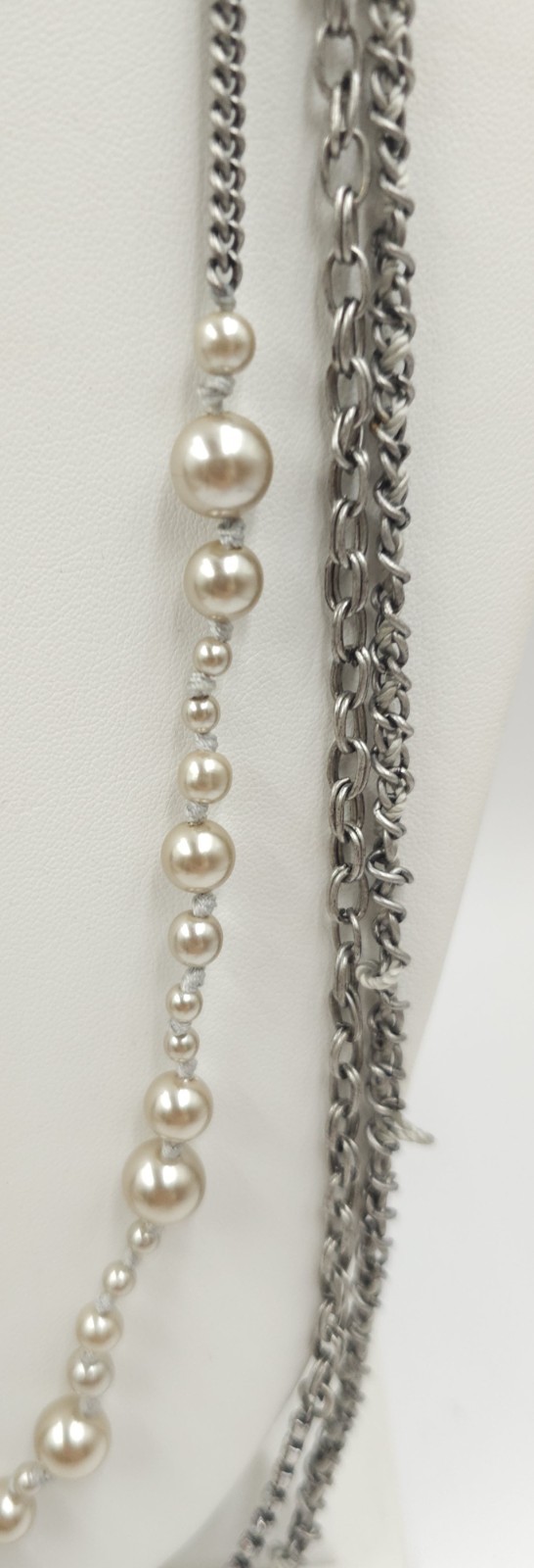 J.Crew Layered Silver-Tone Cable Chain Faux Pearl Beaded Necklace, Signed