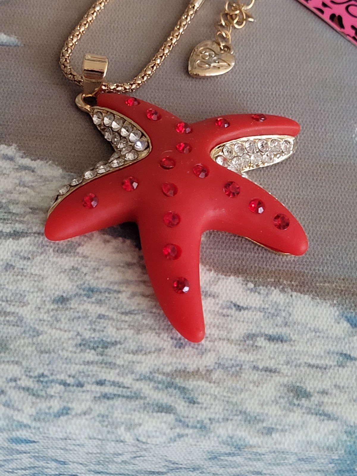 Betsey Johnson Bright RED Acylic/Vinyl Crystal Ocean Starfish Necklace Pendant