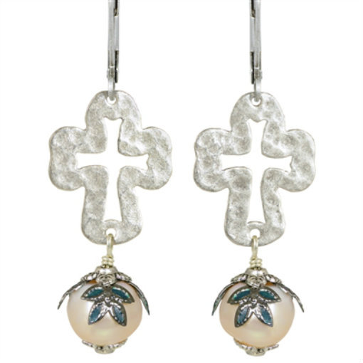 Sanctuary Cross NoMonet Earrings Slilver Green Hand Crafted in USA Pearl