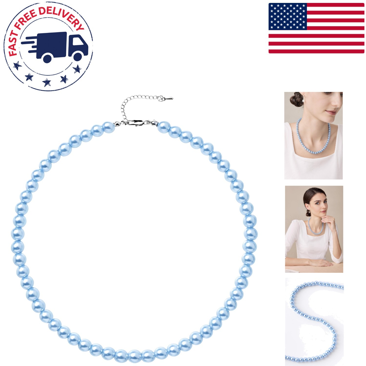 Elegant Baby Blue Round Imitation Pearl Necklace for Brides & Special Occasions