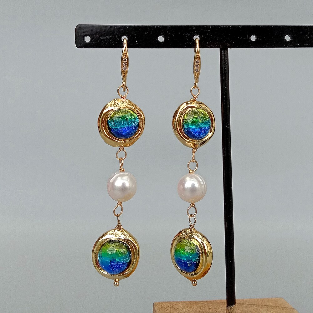 Freshwater Cultured White Keshi Pearl Blue Murano Glass DangleHook Earrings