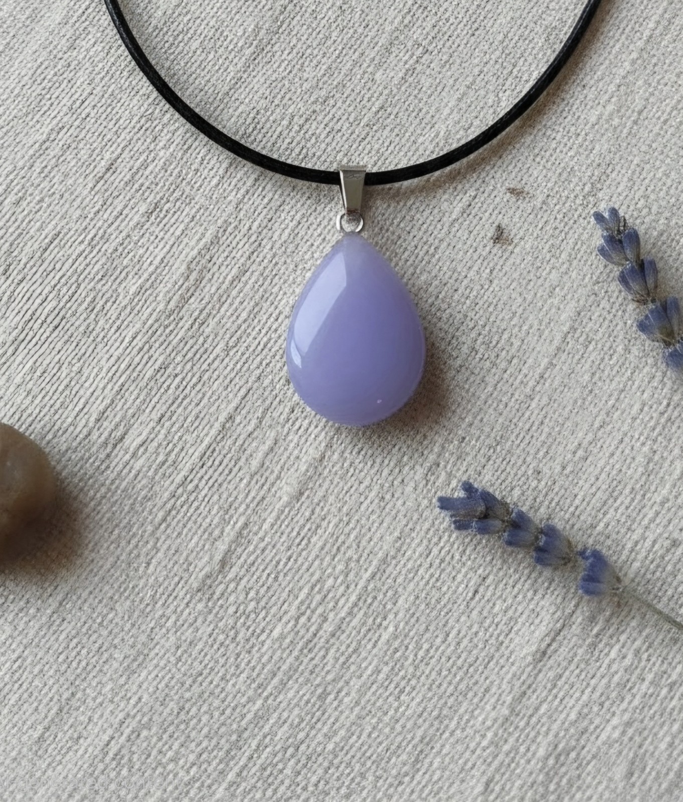 Lilac Chalcedony Teardrop Pendant Necklace 19in Black Cord Heart Chakra Crystal