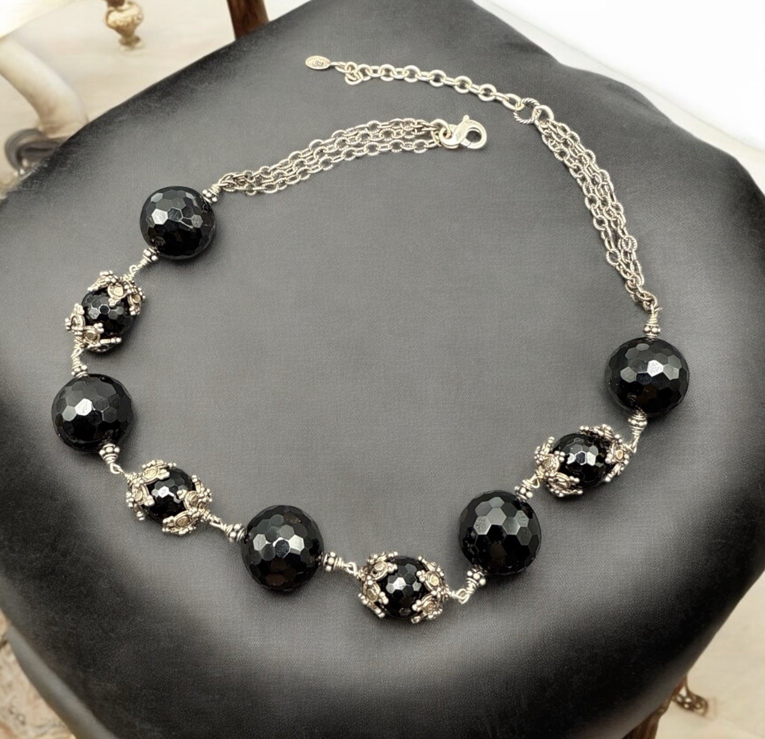 BARSE Signed Heavy Onyx 925 Sterling Silver Necklace 100g 17-20” J64