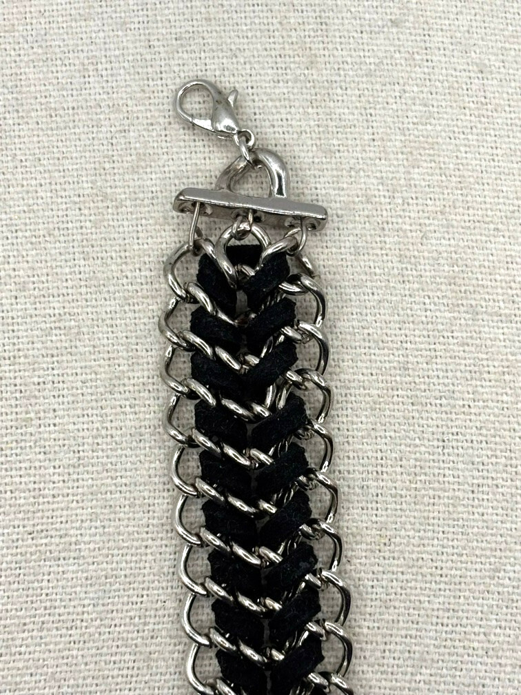 You And I Black Suede Silver Tone Weaved Chainmail Bracelet 9 Inch