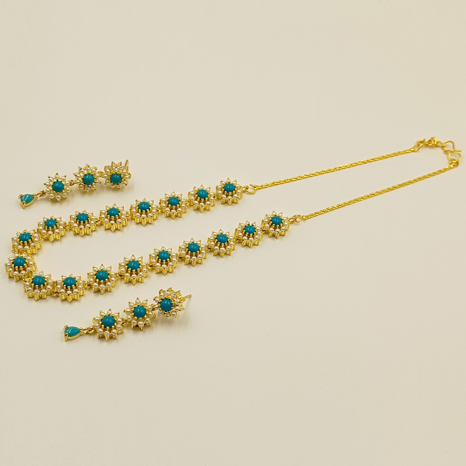 Bohemian Turquoise Pearl Necklace Set 22k Gold Plated Wedding Party Jewelry Gift