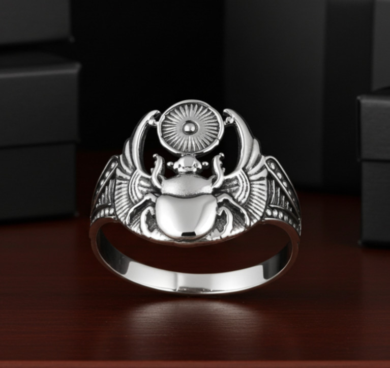 Sterling Silver Oxidized Scarab Beetle Ring Ancient Egyptian Sun God Ra Talisman