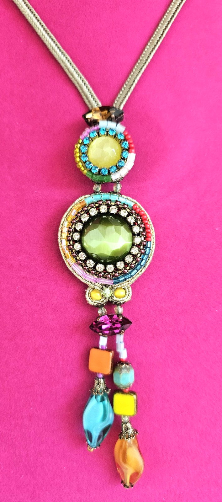 Signed DORI CSENGERI Necklace Multi-color Glass Beads Leather Designer Artisan