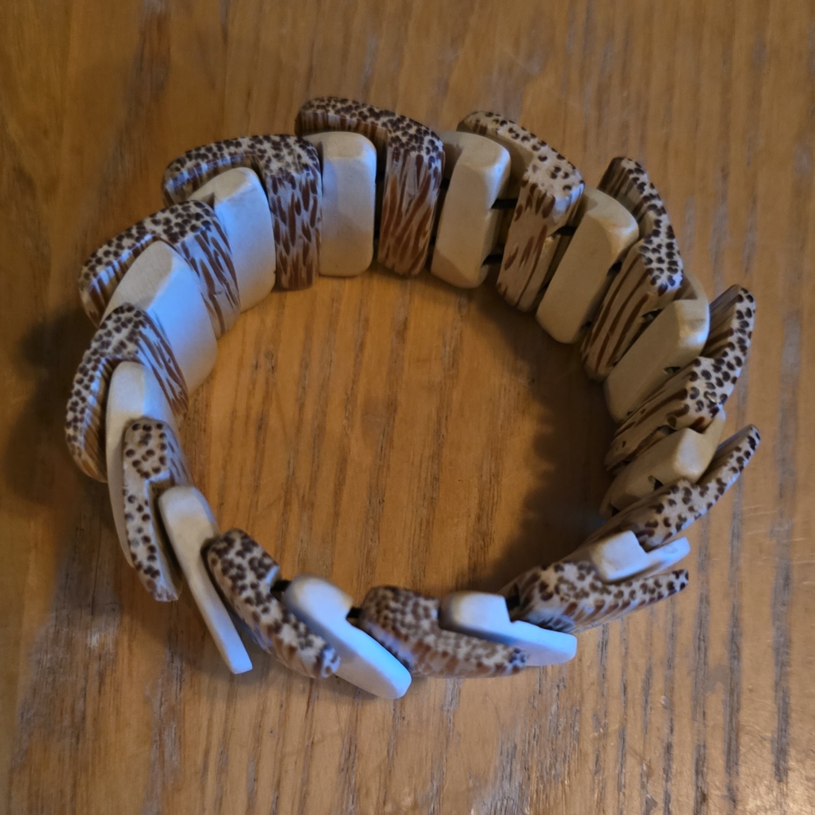 Wooden Brown & White Stretch Beaded Bracelet No Clasp Bohemian Rectangle Beads