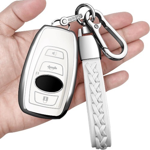 Compatible Key Fob Cover with Leather Keychain Soft TPU 360 Degre Color: White