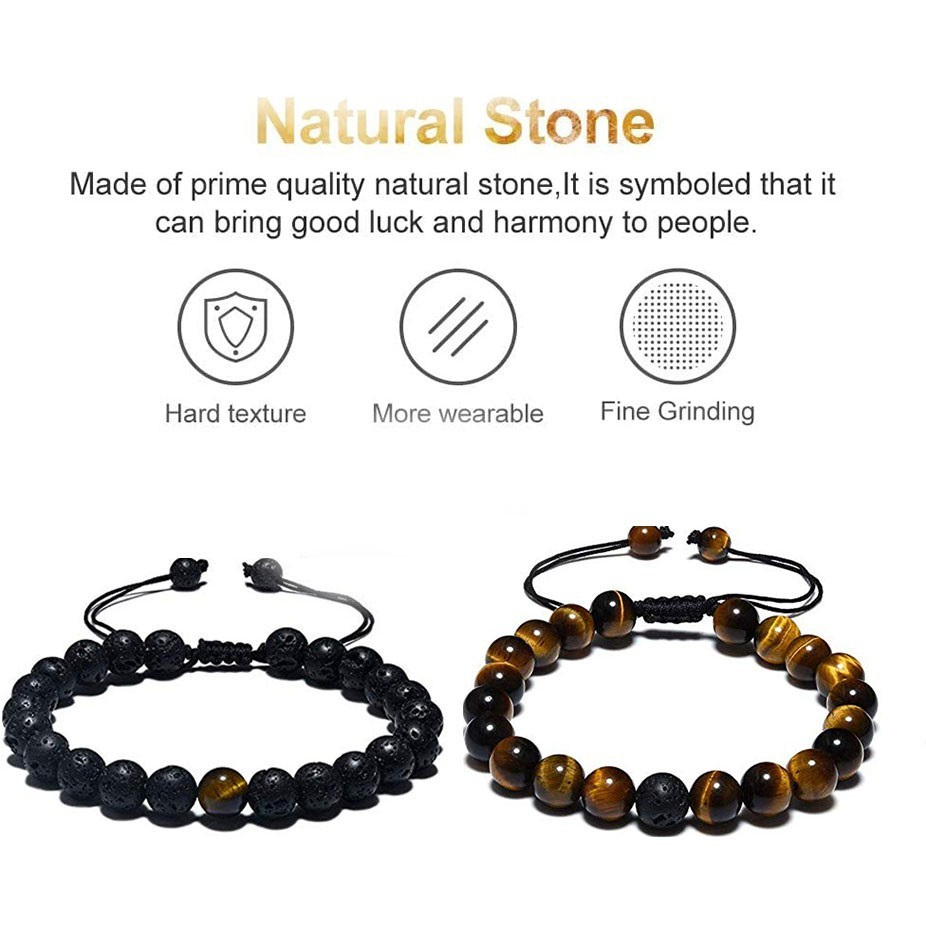 2Pcs Natural Tiger Eye Lava Stone Bracelets 8mm Adjustable Healing Energy Men