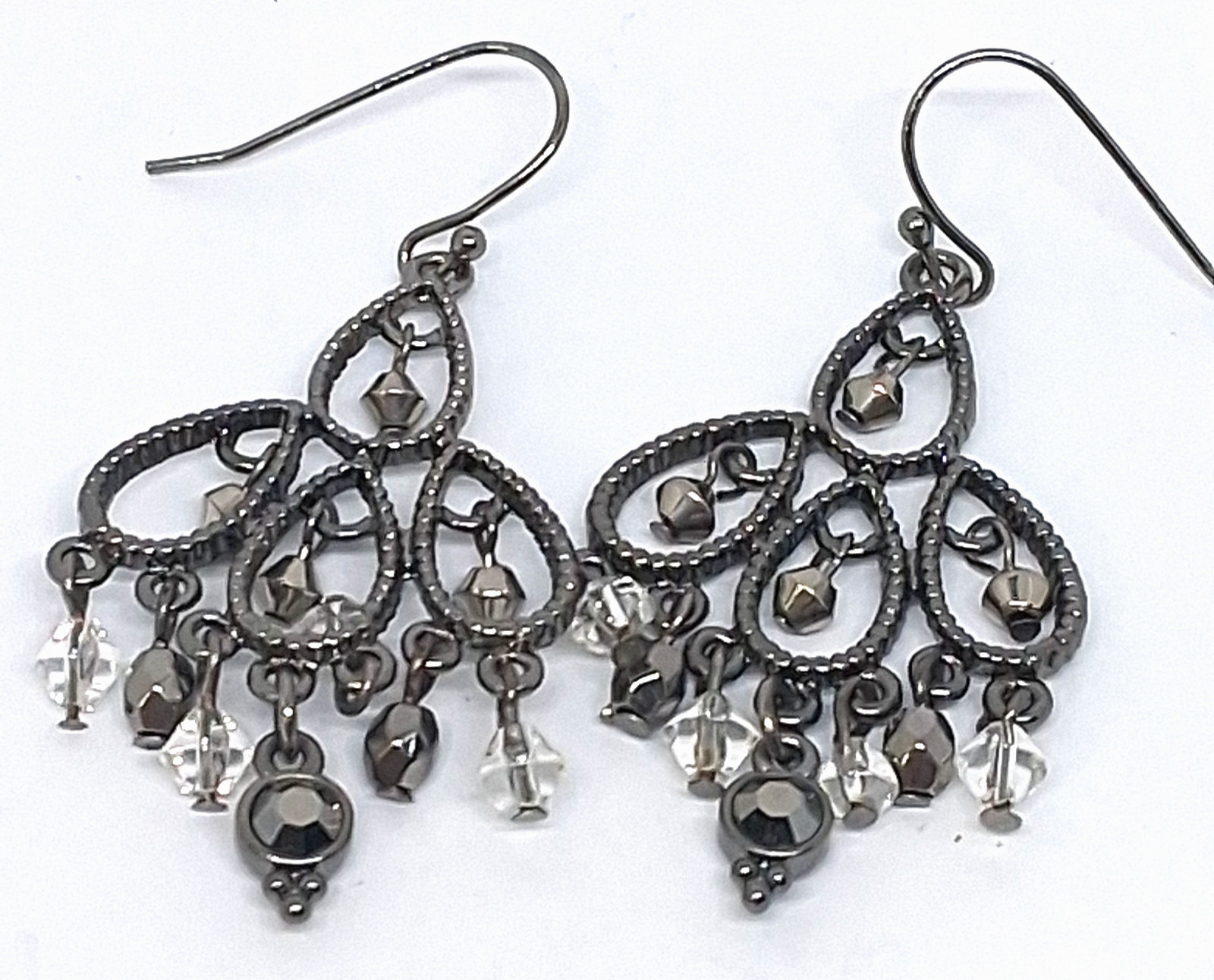 Gunmetal Chandelier Rhinestone Drop Dangle Hook Pierced Earrings