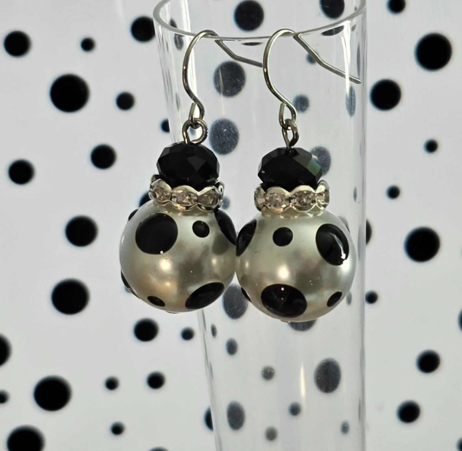Polka Dot Bracelet Earring set Black Classic Bracelet for Women Beaded Stretch