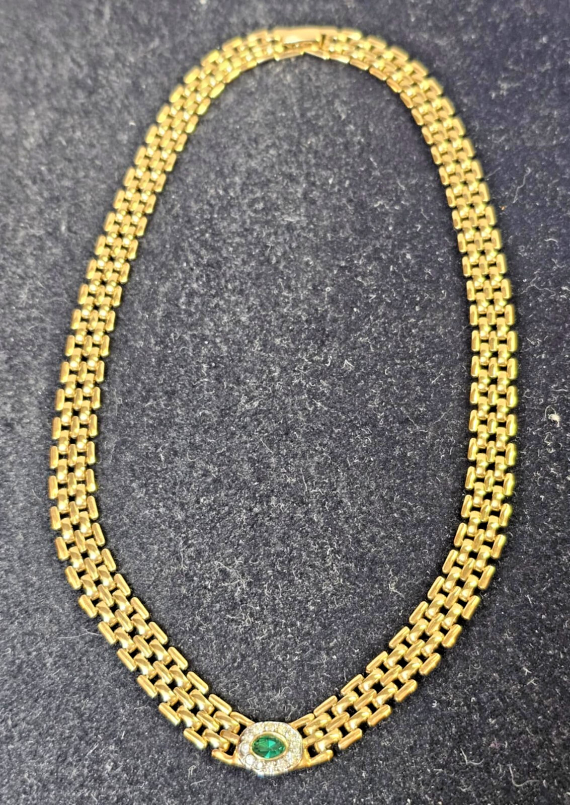Elegant Goldtone Wide Choker Necklace w green & clear stones 17″ w/ mark “N- S90