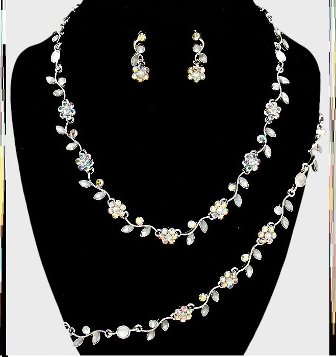 Crystal Rhinestone Prom Wedding Cocktail Necklace Earrings Bracelet Flower Leaf