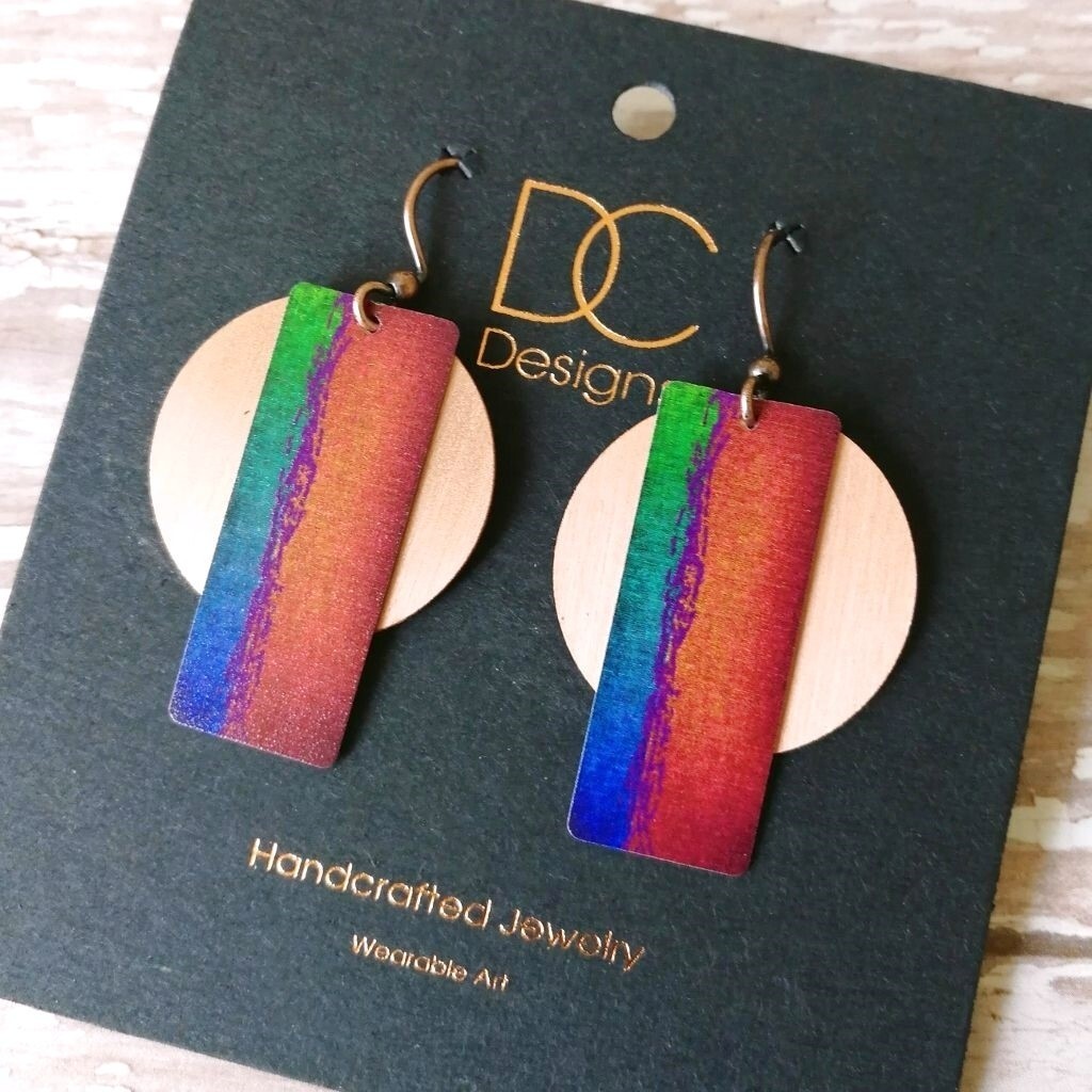 DC Designs Red Column on Copper Round Disc Abstract Art Earrings 6AE Unique Gift