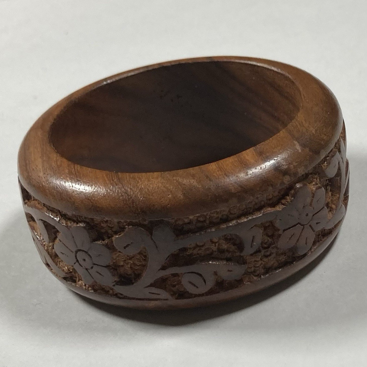 Carved Floral Brown Wood Bangle Bracelet Slip-On Round No Stone