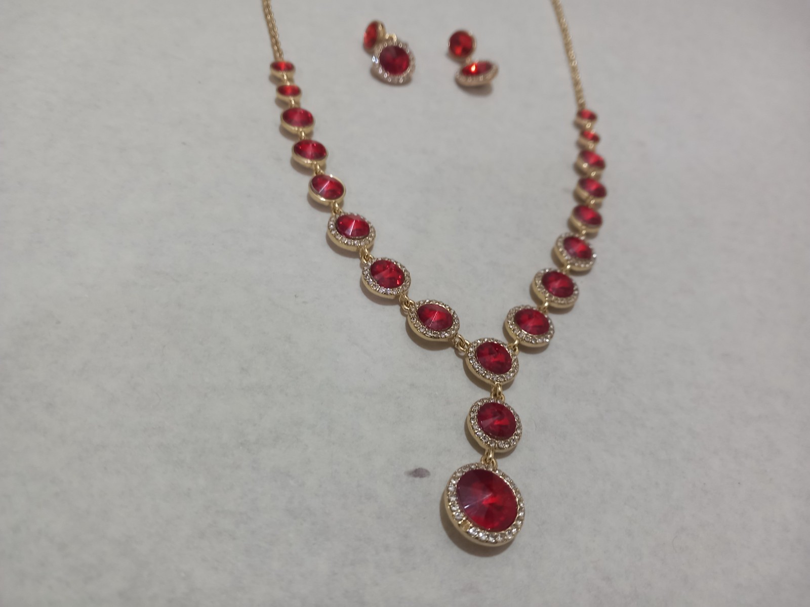 Fashion Gold Tone Red Crystal Necklace Earrings Jewelry Set Women Wedding Prom
