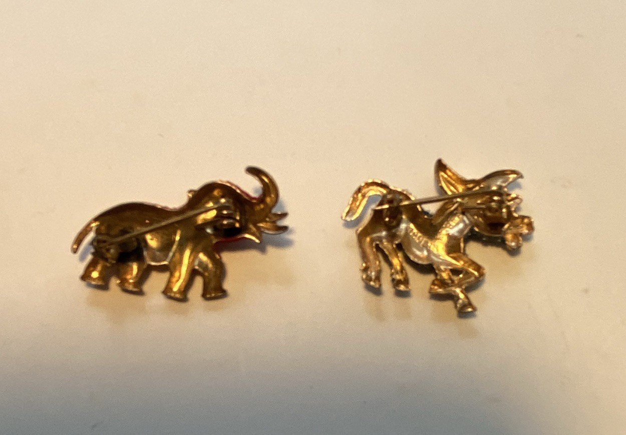 Vintage 1960s Political Party Enamel Metal Lapel Pins Elephant & Donkey