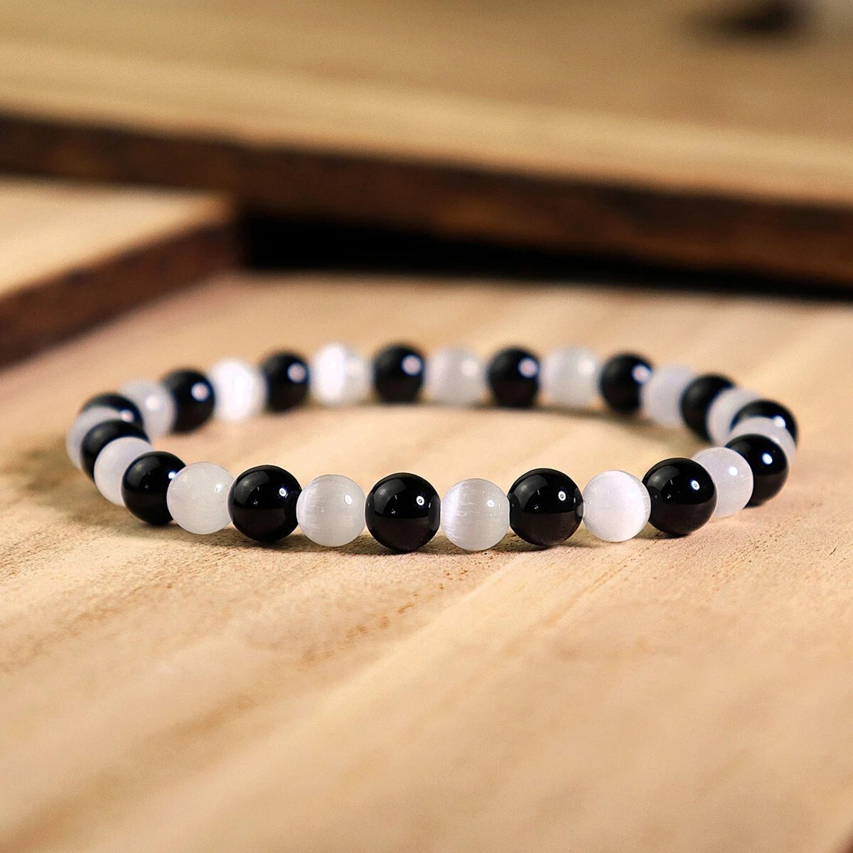 Natural Black Tourmaline Selenite Stretch Bracelet 6mm Round Gemstone Beads