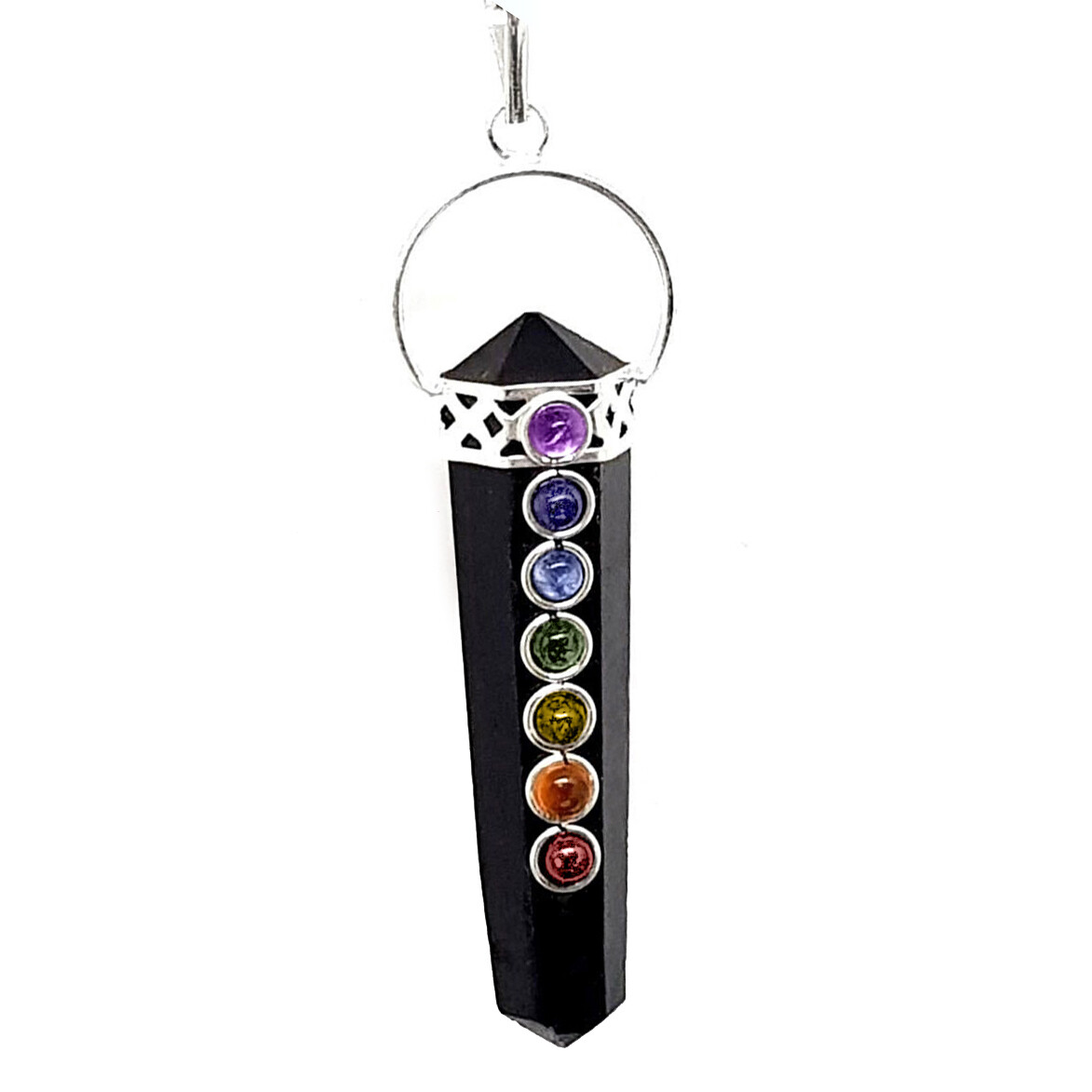Black Tourmaline Crystal Double Point 7 Chakra Stone Pendant Necklace Reiki Heal