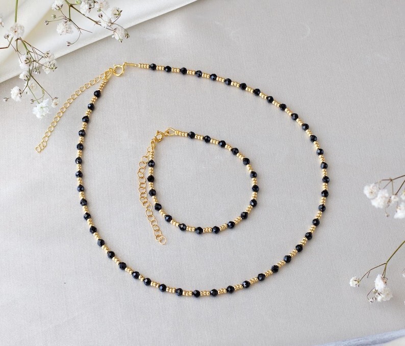 A++ Black Spinal Faceted Round Gemstone Beads Gold Filled Choker Necklaces 18”