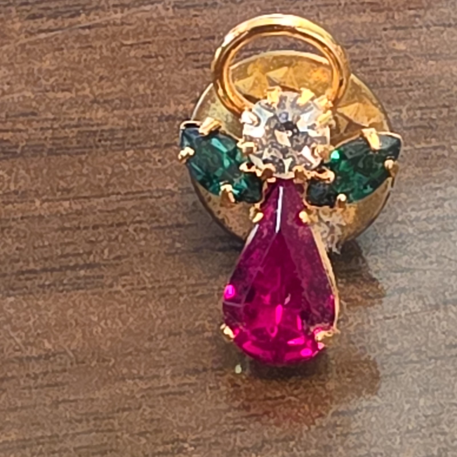 Angel Gold Tone Rhinestone Pin Brooch Pink Teardrop Crystal Green Clear