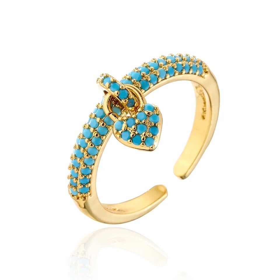 ZARD Dangling Heart Cham Open Ring with 14 K Gold Plating and Turquoise Accent