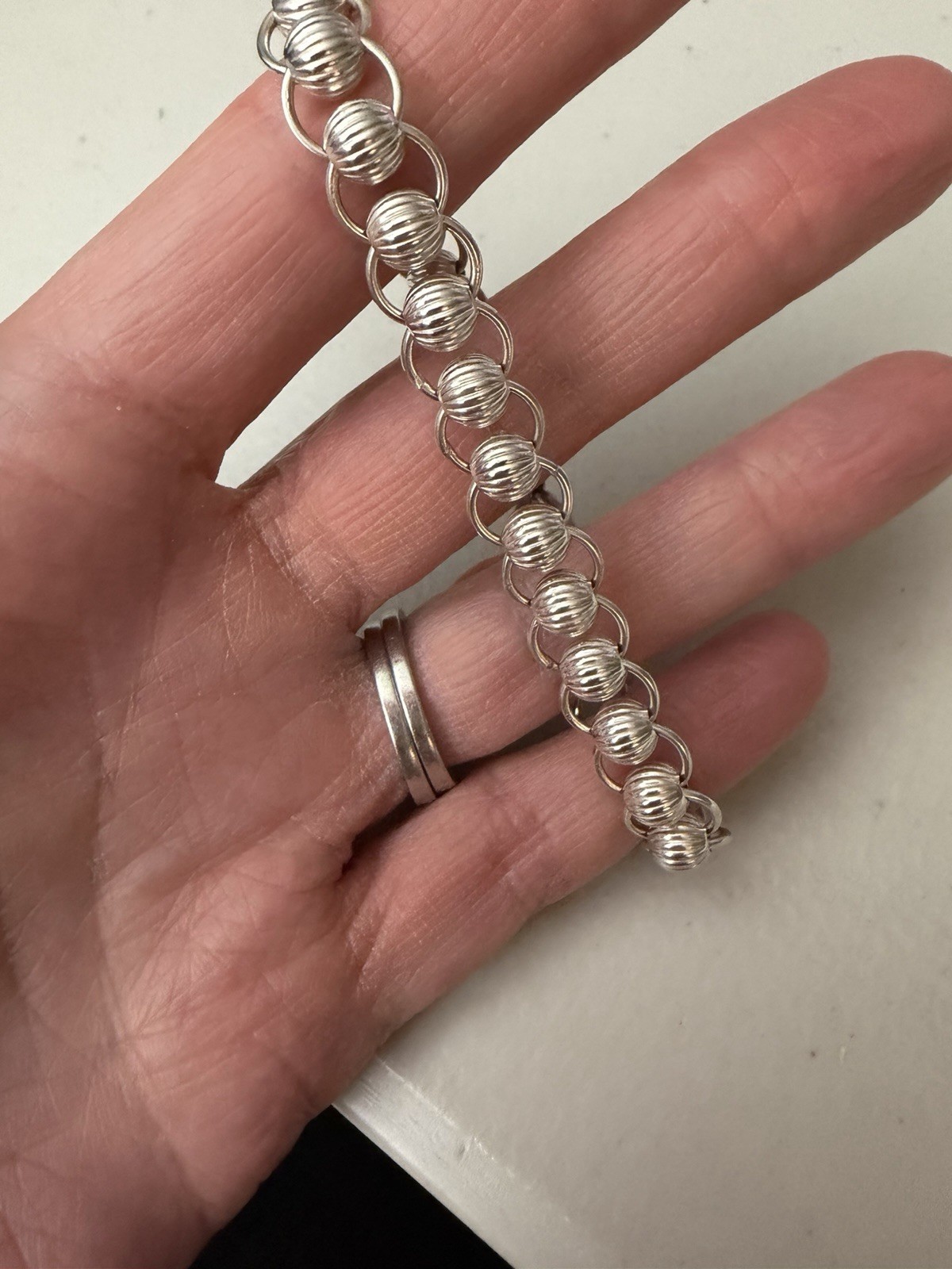 Sterling Silver 925 Ridged Ball Bead Link Bracelet 6.5 Inches Lobster Claw