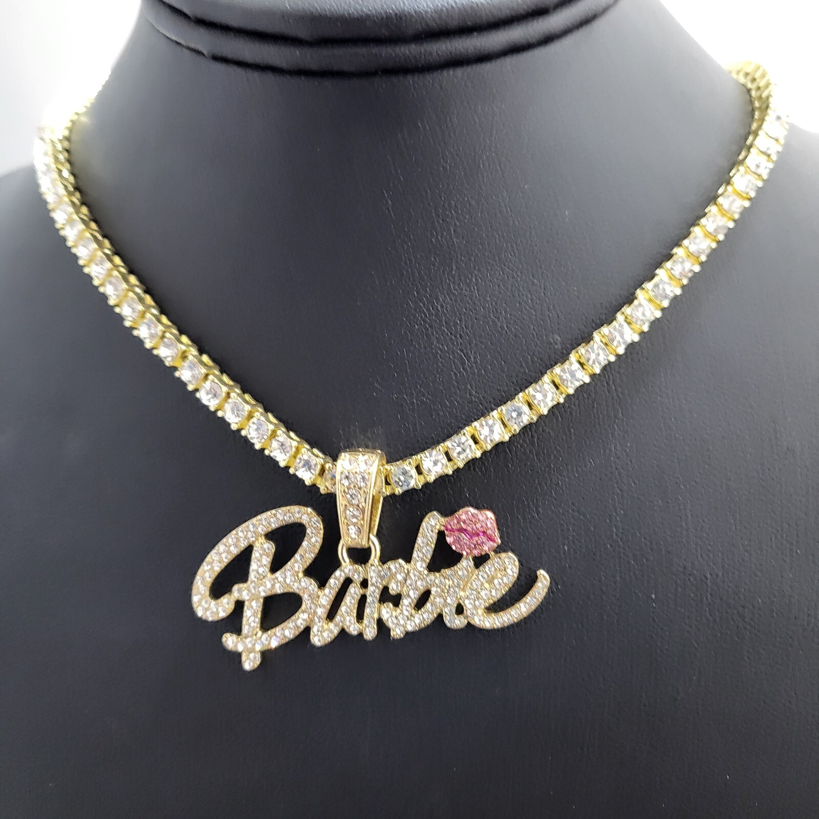 Women Barbie Iced Bling Pendant & 1 Row Cubic Zirconia Tennis Chain Necklace (S)